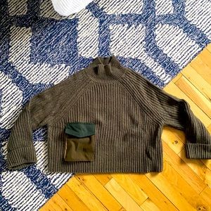 Zara Olive Green Cropped Cowl Neck Long Sleeve Sweater w Pocket Detail